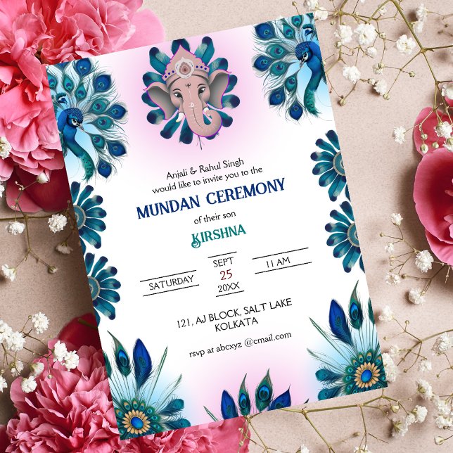 Invitation Cérémonie de Mundan logo Ganesha Peacock Design (Créateur téléchargé)
