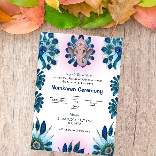 Invitation Cérémonie de Naming Namkaran avec logo Peacock Gan (Créateur téléchargé)