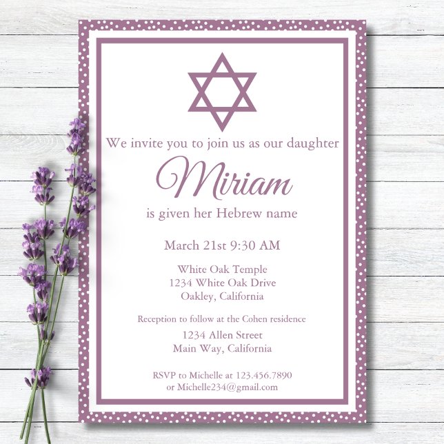 Invitation Cérémonie de Noms du Bébé Juif Violet Simchat Bat (Créateur téléchargé)