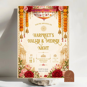 Invitation Cérémonie de nuit de Mendhi florale de rose et de