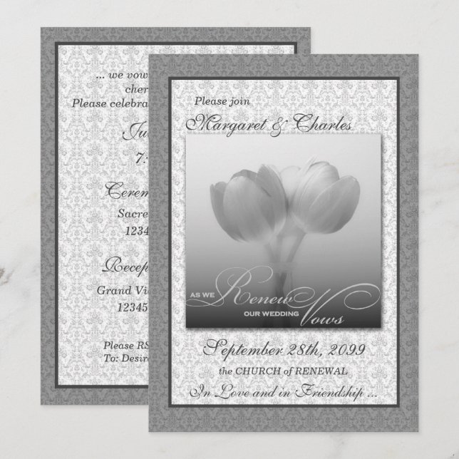 Invitation Cérémonie de renouvellement Vow Argent Damask et T (Devant / Derrière)