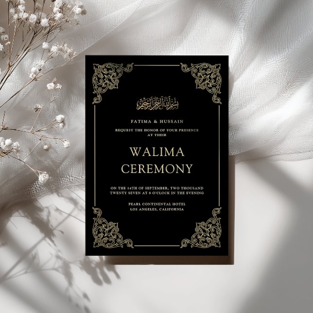 Invitation Cérémonie de Walima noire à l'écriture dorée baroq (Créateur téléchargé)