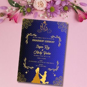 Invitation Cérémonie d'engagement hindoue indienne bleu et or