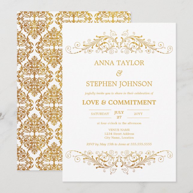 Invitation Cérémonie d'engagement vintage Gold Flourish (Devant / Derrière)
