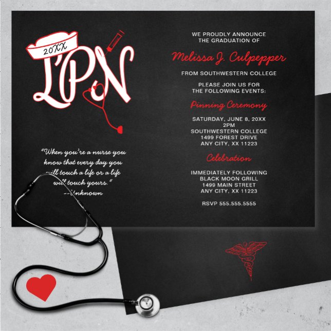 Invitation Cérémonie d'épingle LPN fêté graduation rouge (Créateur téléchargé)