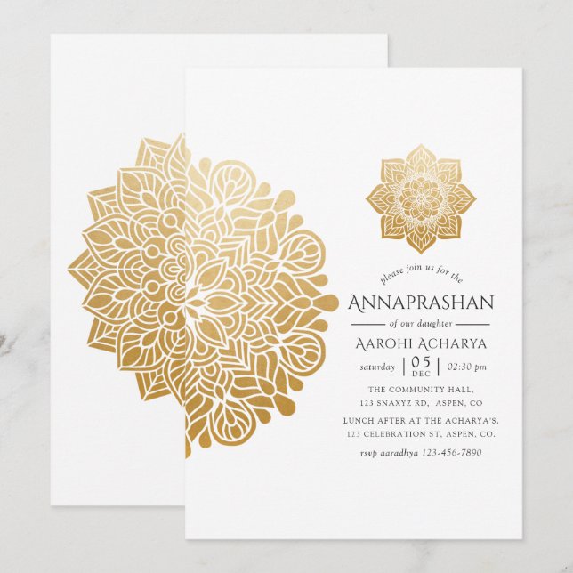 Invitation Cérémonie du premier riz Mandala Annaprashan d'or (Devant / Derrière)
