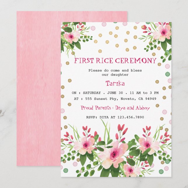 Invitation Cérémonie du premier riz rose pâle Mukhe Bhaat (Devant / Derrière)