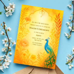 Invitation Cérémonie Haldi de la mariée indienne florale paon