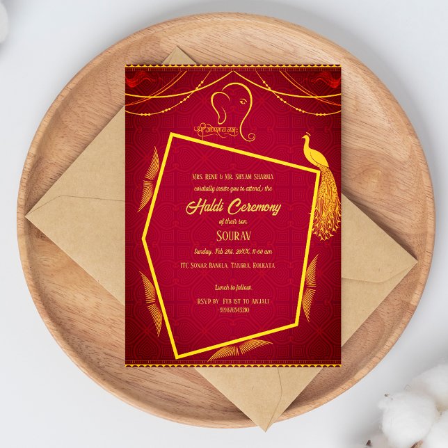 Invitation Cérémonie Haldi du marié hindou indien thème paon (Créateur téléchargé)