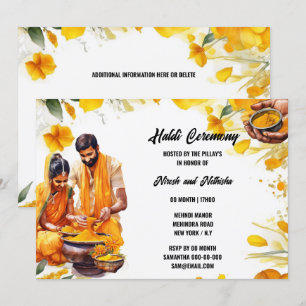 Invitation Cérémonie indienne de Haldi curcuma fleurie mariée