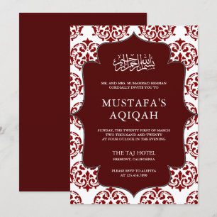 Invitation Cérémonie islamique Aqiqah en damas marron et blan