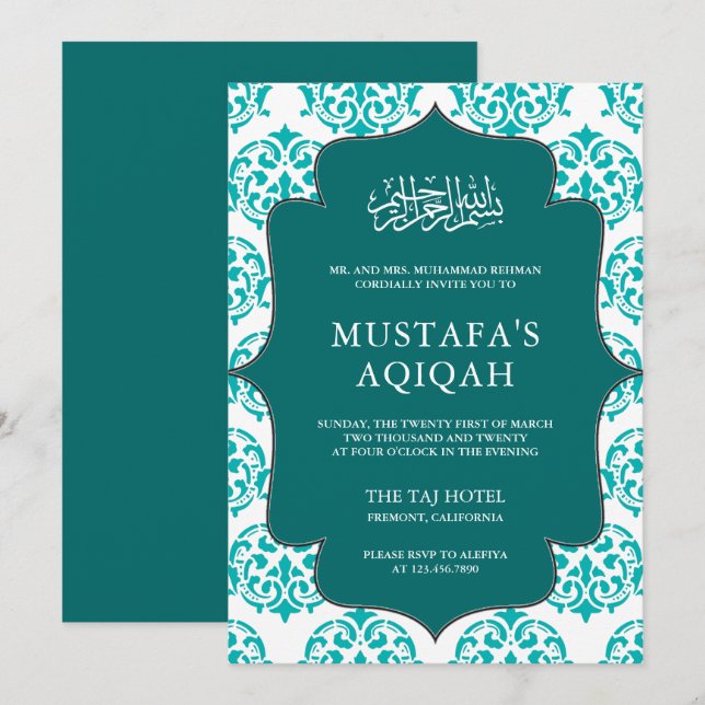 Invitation Cérémonie islamique d'Aqiqah turquoise et blanche  (Devant / Derrière)