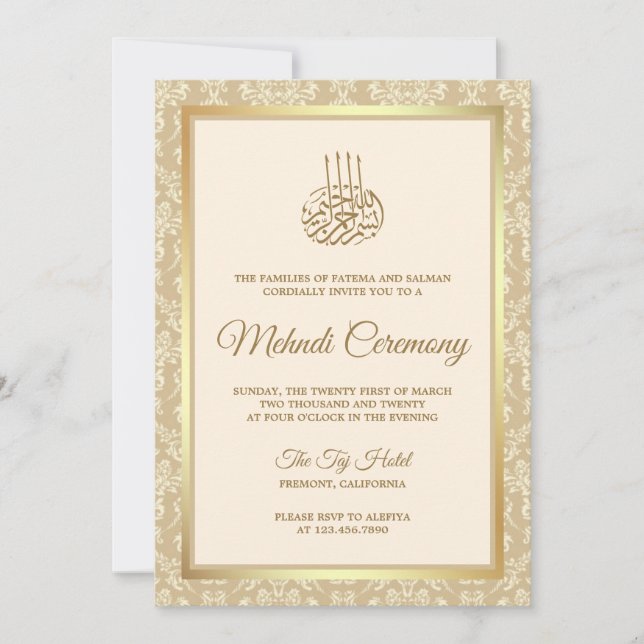 Invitation Cérémonie islamique de la crème et de l'or Damask (Devant)
