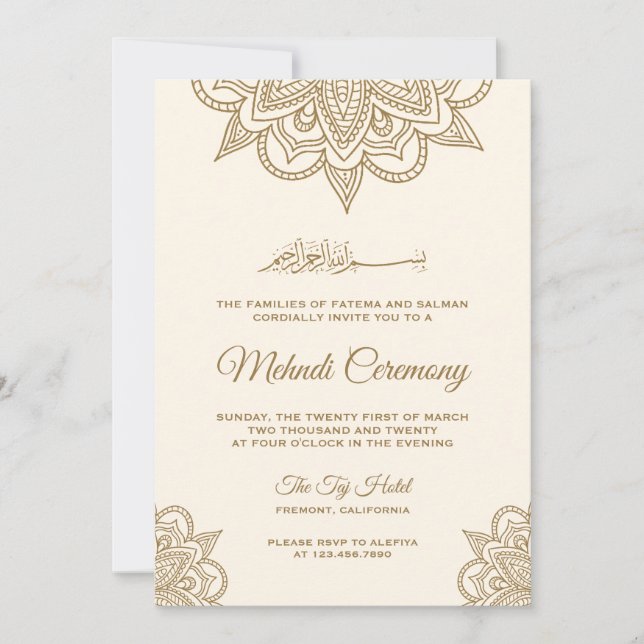 Invitation Cérémonie islamique de Mehndi à la crème et à l'or (Devant)