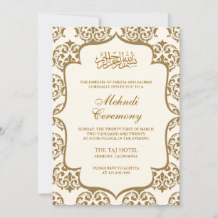 Invitation Cérémonie islamique de mehndi en damas crème et or