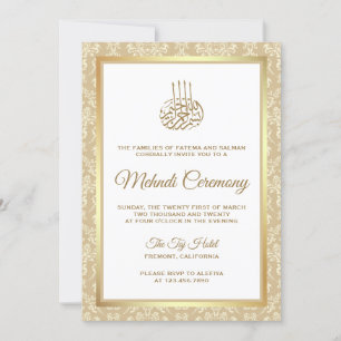 Invitation Cérémonie islamique de Mehndi en damas or et beige