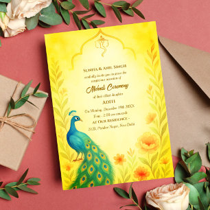 Invitation Cérémonie Mehndi de la Mariée Indienne Floral Paon
