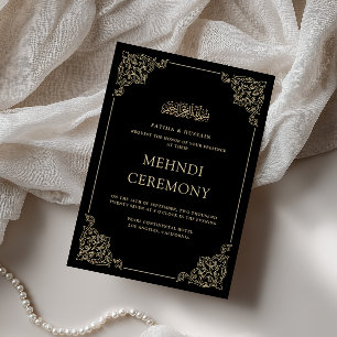 Invitation Cérémonie Mehndi noire dorée formelle baroque vint