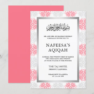 Invitation Cérémonie musulmane Aqiqah florale grise et rose d