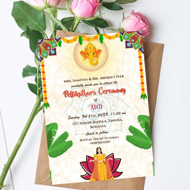 Invitation Cérémonie Pellikuthuru de la mariée hindoue sud-in (Créateur téléchargé)