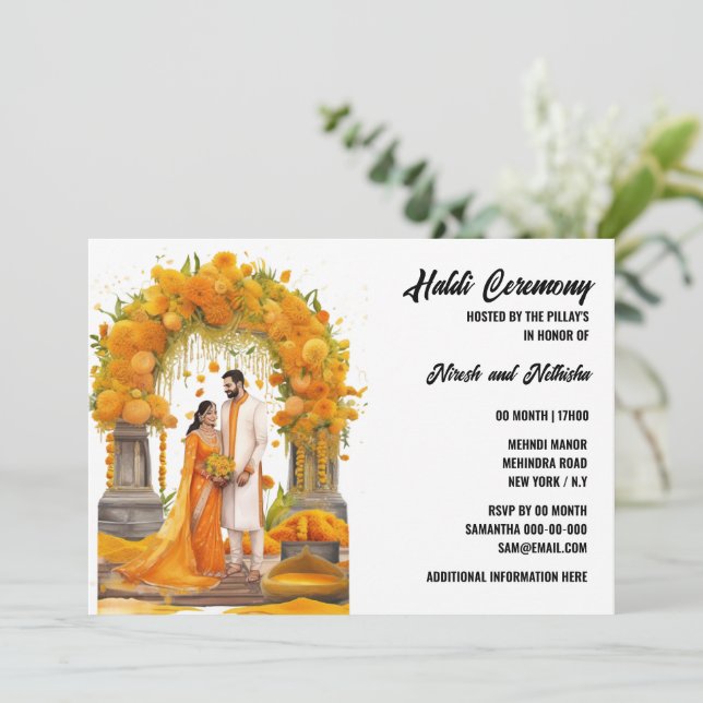 Invitation Cérémonie pré-mariage florale haldi famille curcum (Debout devant)