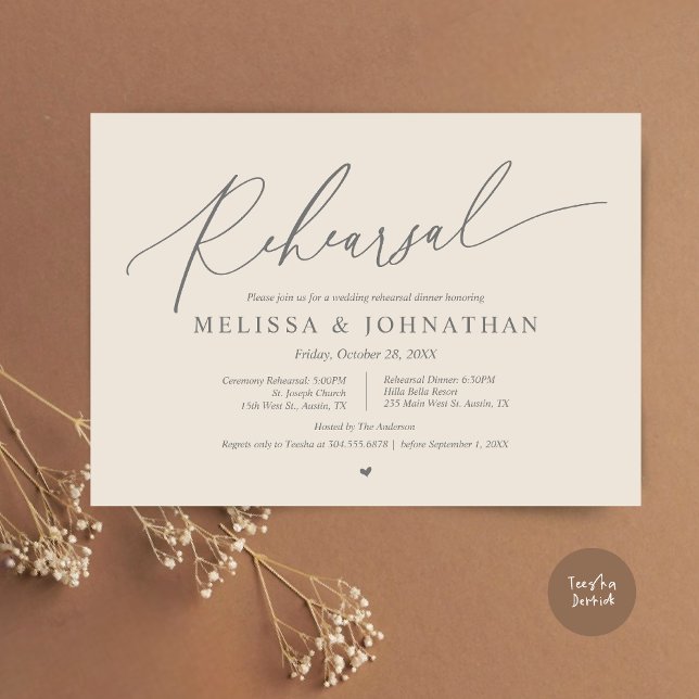 Invitation Cérémonie romantique du Mariage et répétition du d (Romantic Wedding Ceremony and Dinner Rehearsal Invitation Card, PDF, Cream Grey)