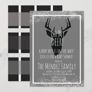 Invitation Cerf à carreaux de Noël Baby Shower enneigé