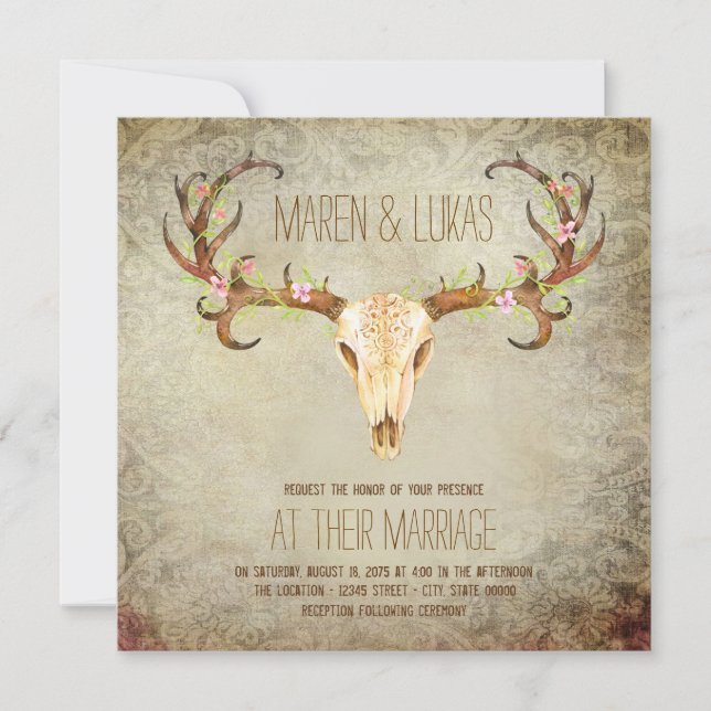 Invitation Cerf Antler Crâne Sud-Ouest Mariage (Devant)