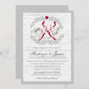 Invitation Cerf en couronne avec Monogramme Argent et Rouge