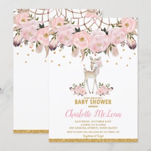 Invitation Cerf Floral Dream Catcher Baby shower Boho Girl