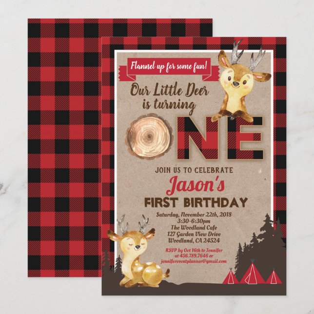 Invitation Cerf premier anniversaire bûcheron fête flannelle  (Devant / Derrière)