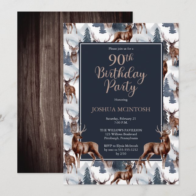 Invitation Cerf Rustique Boisé | Fête d'anniversaire 90 ans e (Devant / Derrière)