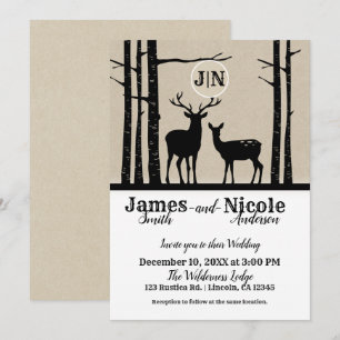 Invitation Cerf rustique mâle & femelle biche Noir Birch mari
