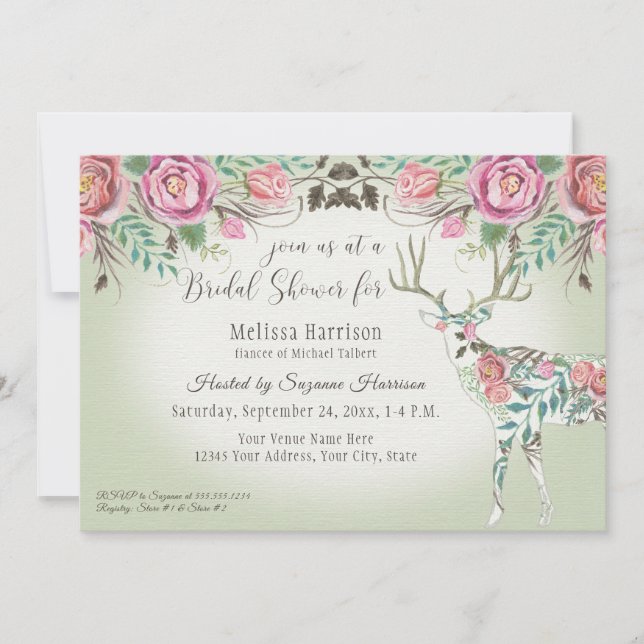 Invitation Cerfs communs floraux Antler de rose sauvage (Devant)