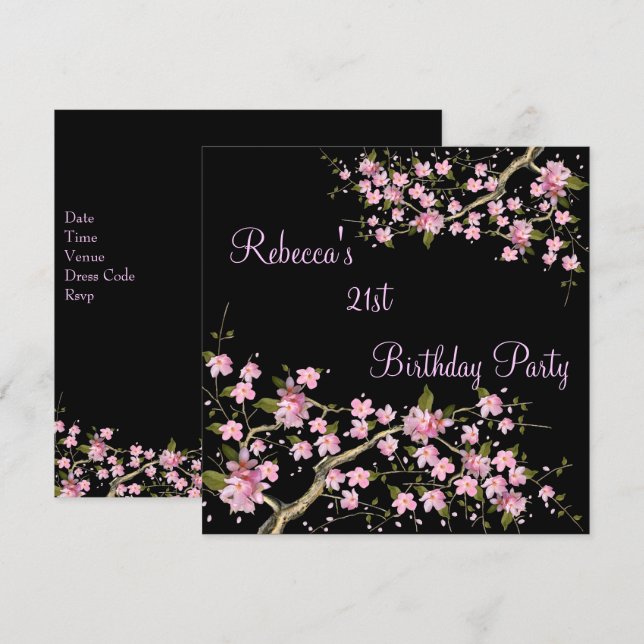 Invitation Cerise Blossom 21e Soirée d'Anniversaire Elégante  (Devant / Derrière)