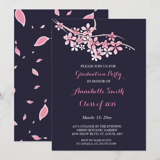 Invitation Cerise Blossom rose marine floral Party (Devant / Derrière)