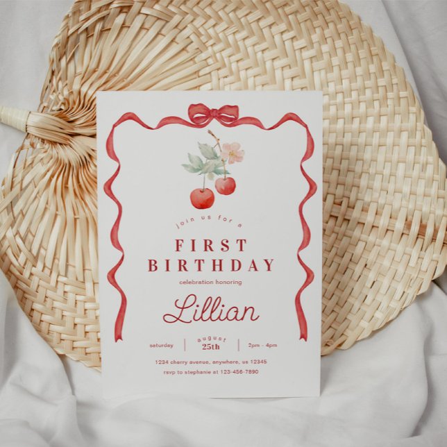 Invitation Cerise et cadre de ruban rouge Anniversaire (Créateur téléchargé)