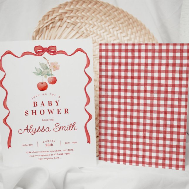 Invitation Cerise et Ruban Rouge Frame Bébé Douche (Créateur téléchargé)