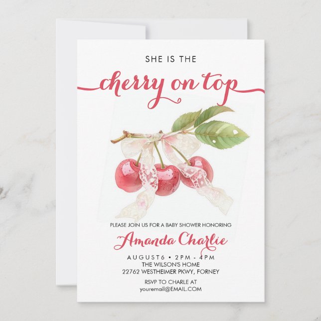Invitation Cerise mignonne sur le Baby shower fille supérieur (Devant)