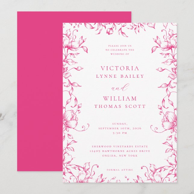 Invitation Cerise Pink Garden Floral Mariage (Devant / Derrière)
