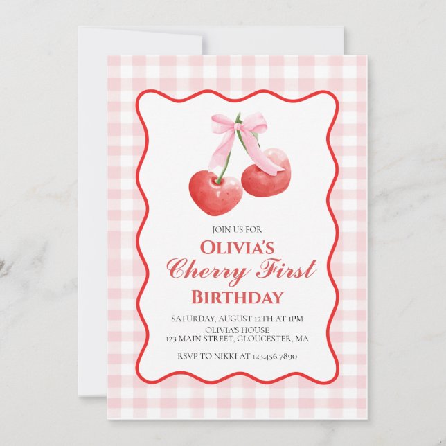 Invitation Cerise Premier Anniversaire Rose Ruban prépa 1er a (Devant)