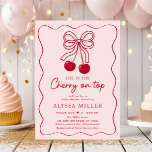 Invitation Cerise sur le Baby shower de la corbeille rose
