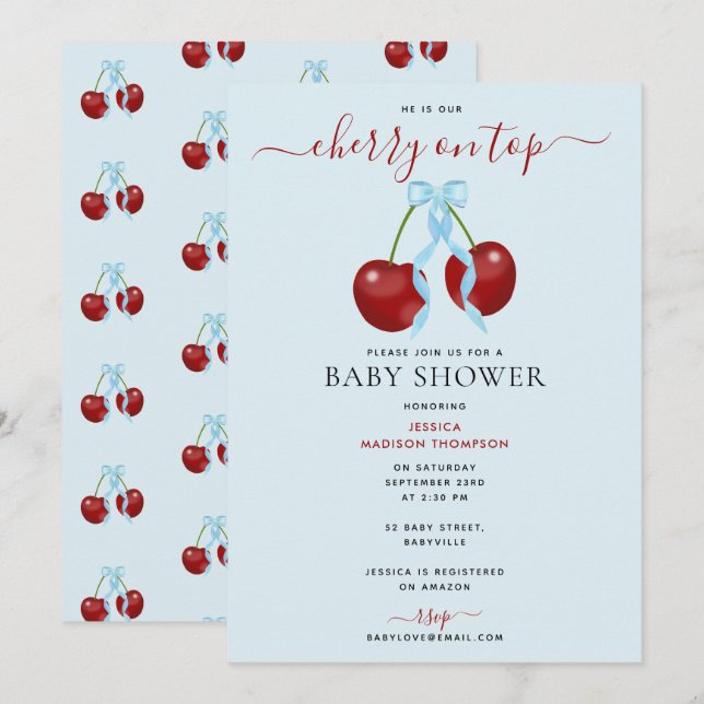 Invitation Cerise sur le dessus Baby shower moderne Blue Bow  (Devant / Derrière)