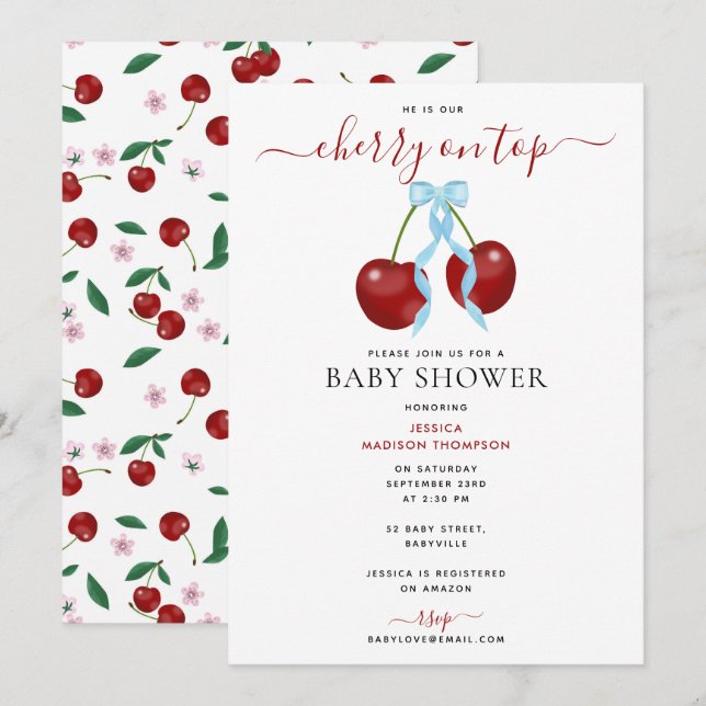 Invitation Cerise sur le dessus Baby shower moderne Blue Bow  (Devant / Derrière)