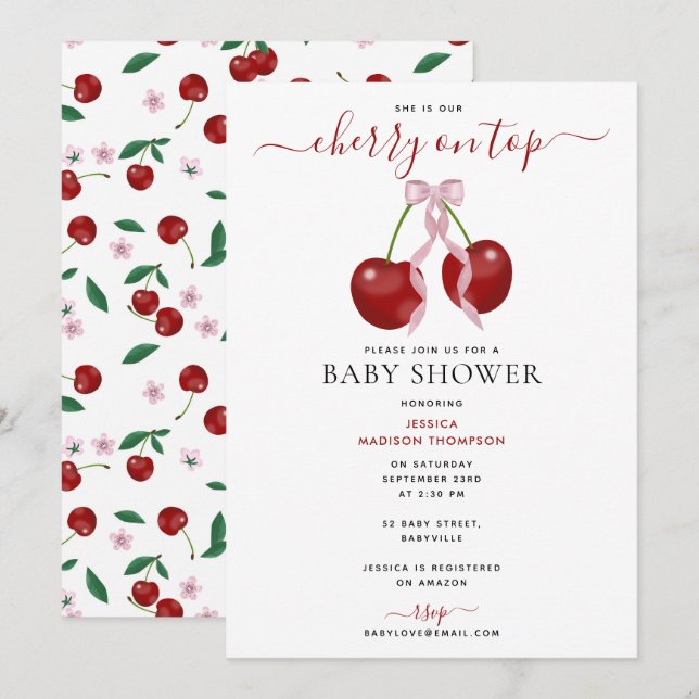 Invitation Cerise sur le dessus Baby shower moderne Rose Bow  (Devant / Derrière)