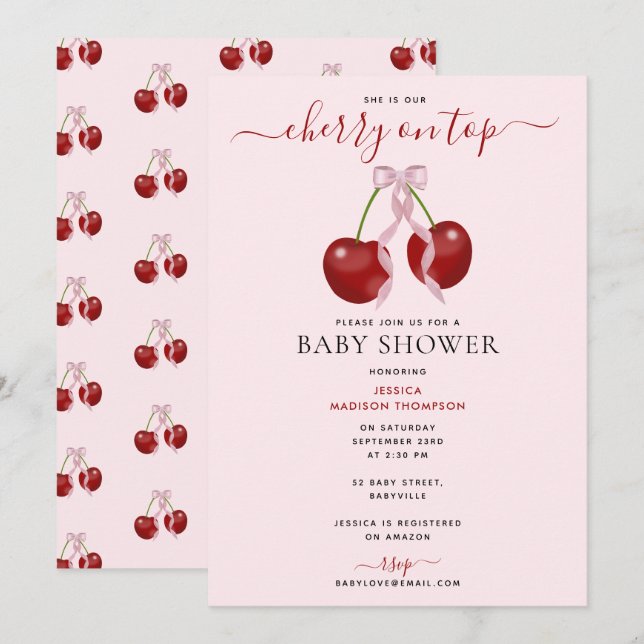Invitation Cerise sur le dessus Baby shower moderne Rose Bow  (Devant / Derrière)