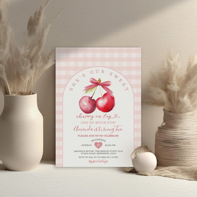Invitation Cerise sur le dessus rose doux En vichy Baby showe (Créateur téléchargé)