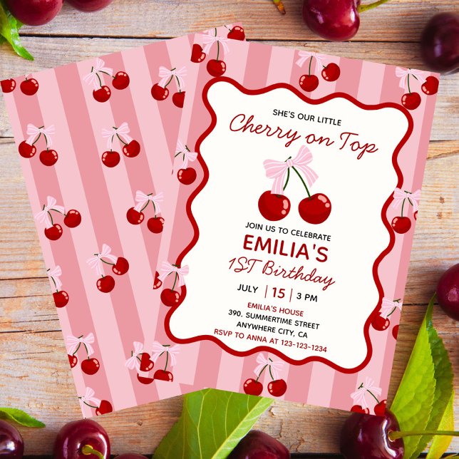 Invitation Cerise Sur Le Haut Coquette Bow Rose Girl Annivers (Cherry on Top First Birthday Invitation for Girls with Pink Bow and Fruit Theme)