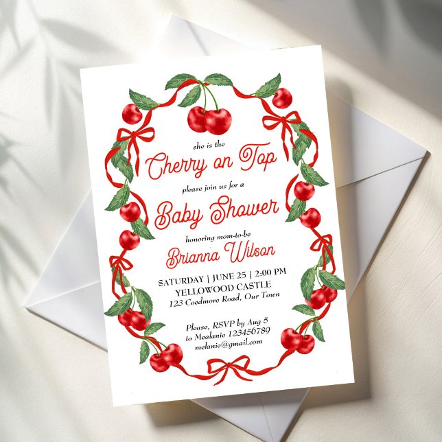 Invitation Cerise sur le haut du baby shower de coquette ruba (Cherry on top red ribbon coquette baby shower invitation template cherry baby shower invite)