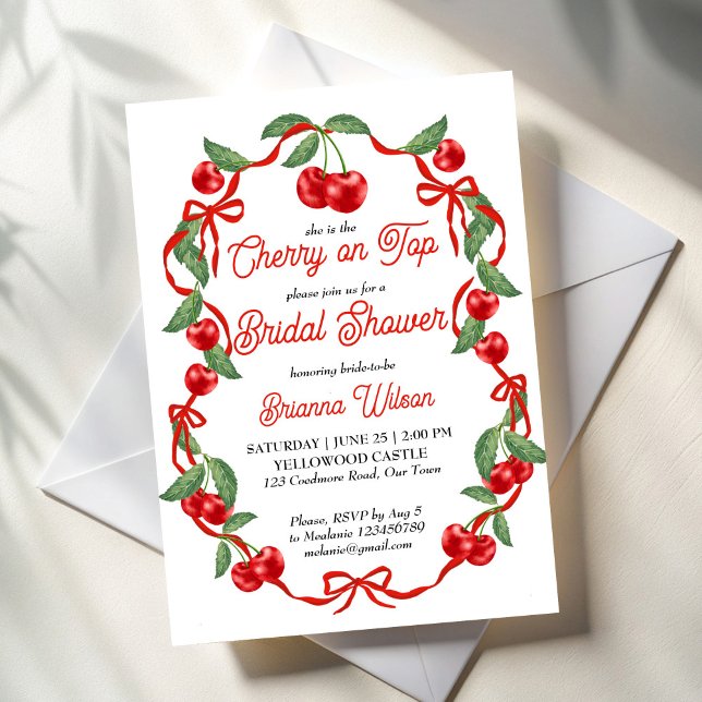 Invitation Cerise sur le haut du ruban coquette douche nuptia (Cherry on top ribbon coquette cherry bridal shower invitation template whimsical cherry border invit)